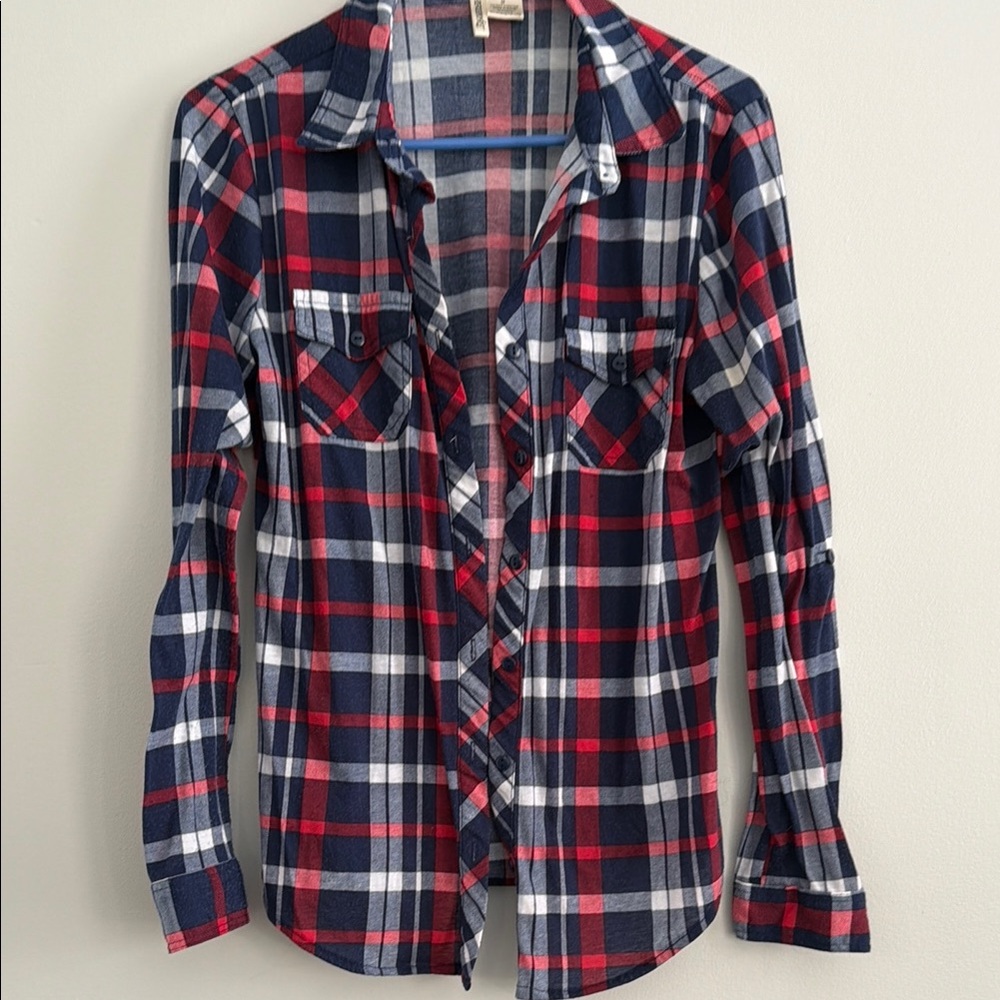 Red and Navy Plaid Button-Up Shirt
